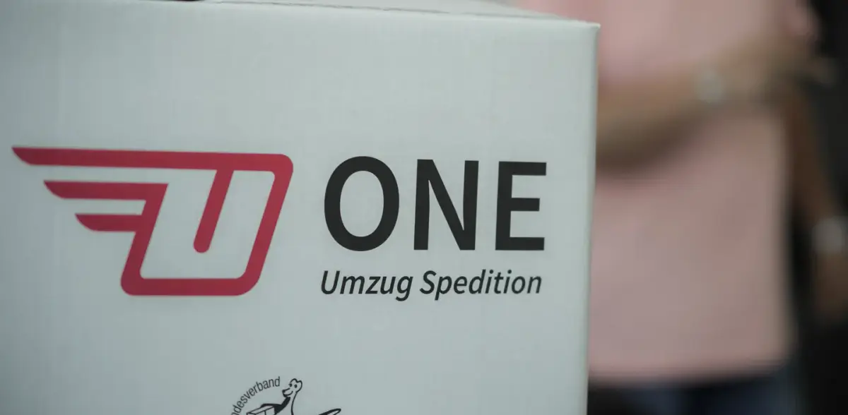 Weißer Umzugskarton mit dem roten ONE-Logo im Vordergrund, dahinter eine Person im Raum.