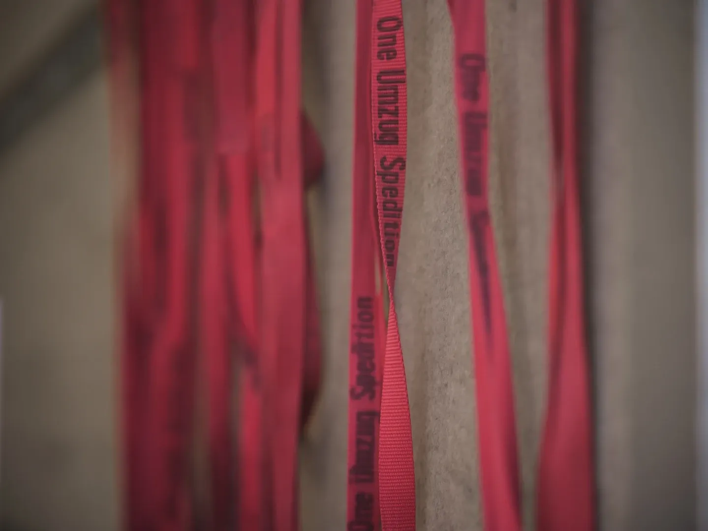 Rote Spanngurte mit der Aufschrift One Umzug Spedition hängen neben Packdecken an der Laderaumwand.