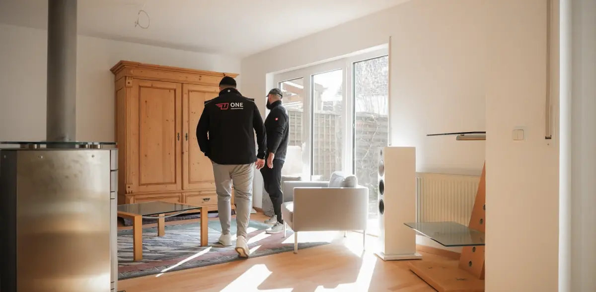 Zwei Mitarbeiter in ONE-Jacken begehen ein möbliertes Wohnzimmer mit Kachelofen und Holzschrank.