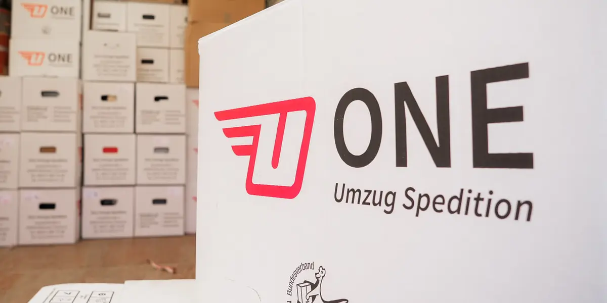 ONE-Umzugskarton mit Logo im Laderaum eines Möbelwagens, dahinter eine Wand aus gestapelten Umzugskartons.